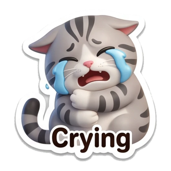 Sad crying grey cat with blue tears and text Crying Cute Grey Tabby Daily sticker for expressive chats and social replies.