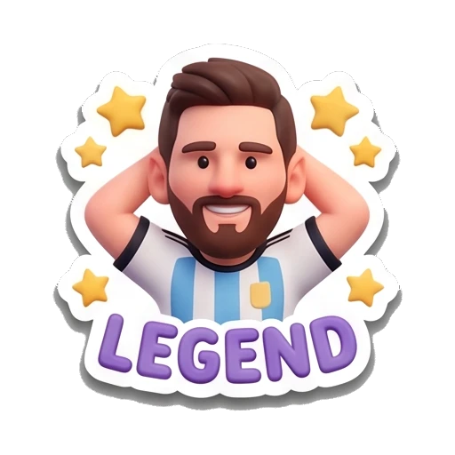 Messi character flexing muscles with stars, text 'LEGEND' Messimotes: Pure Emotion sticker for expressive chats and social replies.