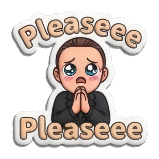 Man pleading with hands together and 'Pleaseee' text Professional Suit Guy sticker for expressive chats and social replies.