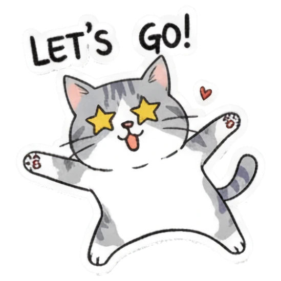 Energetic gray cat jumping with star eyes and text Let's go! Playful Gray Tabby Diary sticker for expressive chats and social replies.