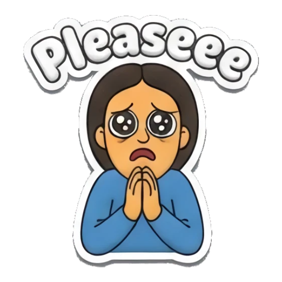 Man looking up with pleading eyes and hands together with text Pleaseee Curly Hair Guy Adventures sticker for expressive chats and social replies.
