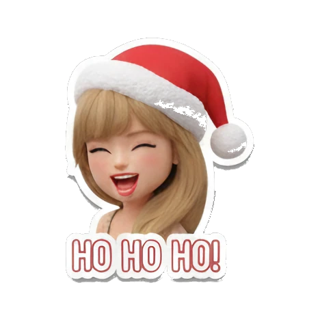 Blonde girl wearing Santa hat laughing, text HO HO HO! Festive Blonde Holiday Vibes sticker for expressive chats and social replies.