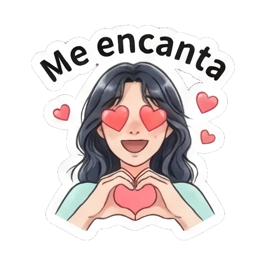 Girl with heart eyes and hands forming a heart, text 'Me encanta' Modern Spanish Girl Expressions sticker for expressive chats and social replies.