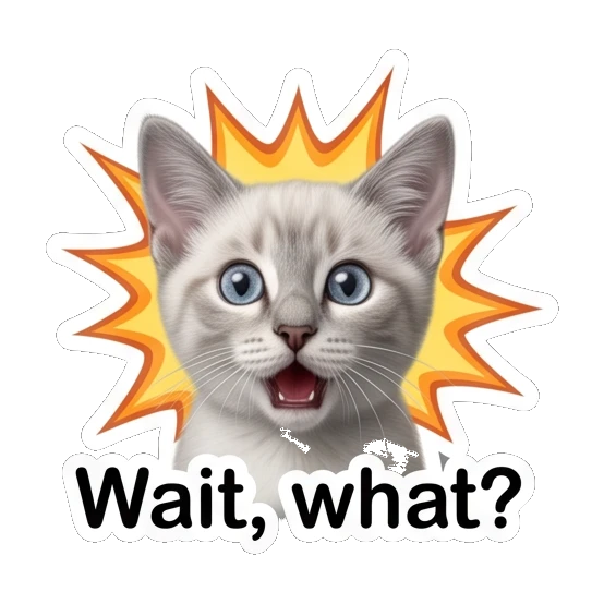 Surprised white cat with shock lines and text Wait what Little White Cat Daily sticker for expressive chats and social replies.