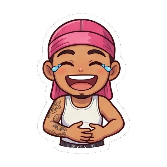 Guy laughing heartily while holding his stomach Cool Durag Guy sticker for expressive chats and social replies.