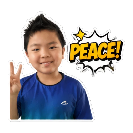 Young boy making a peace sign with 'PEACE!' text Energetic Boy Daily Expressions sticker for expressive chats and social replies.