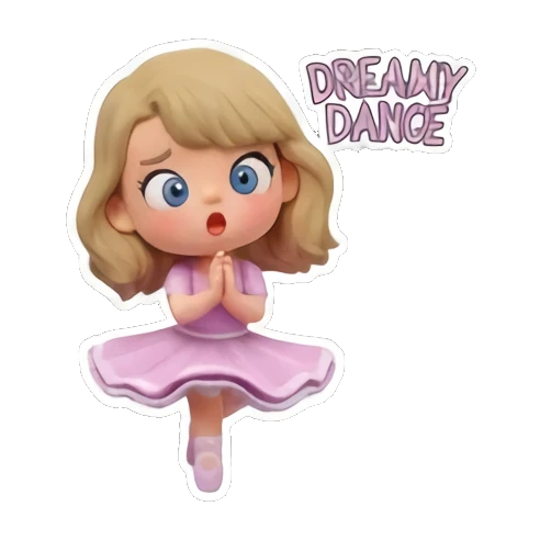 Blonde girl in a pink dress praying, text 'DREAMY DANCE' Chibi Pop Star Life sticker for expressive chats and social replies.