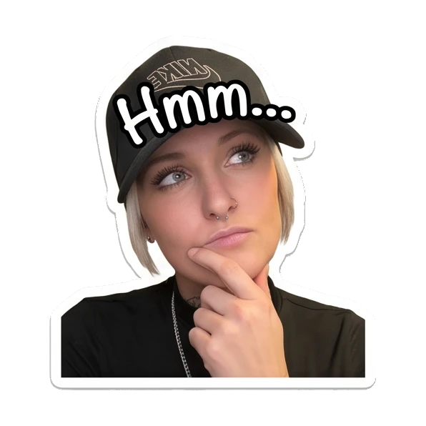 Woman touching chin, thinking, text Hmm Cool Girl Daily Vibes sticker for expressive chats and social replies.