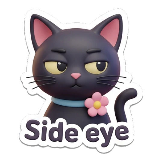 Skeptical black cat giving a side eye, text Side eye. Playful Black Cat Daily sticker for expressive chats and social replies.
