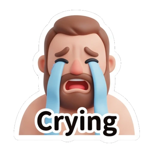 Bearded man crying with large blue tears streaming down. Bearded Buddy Expressions sticker for expressive chats and social replies.