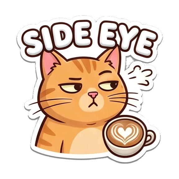 Skeptical orange cat giving side eye with coffee, text SIDE EYE Puffy Orange Cat Moods sticker for expressive chats and social replies.
