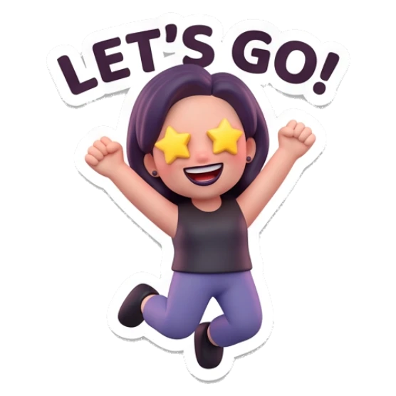 Excited girl jumping with star eyes with text LET'S GO! Modern Chic Girl Expressions sticker for expressive chats and social replies.
