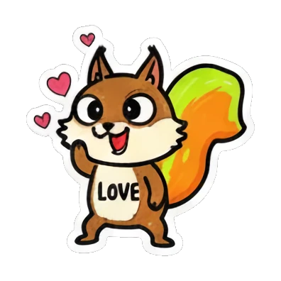 Squirrel showing heart hands, saying 'LOVE'. Cute Squirrel Daily Fun sticker for expressive chats and social replies.