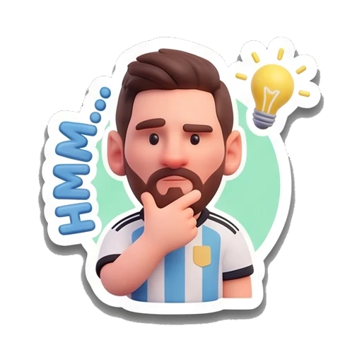 Messi character thinking with a lightbulb above head, text 'HMM' Messimotes: Pure Emotion sticker for expressive chats and social replies.