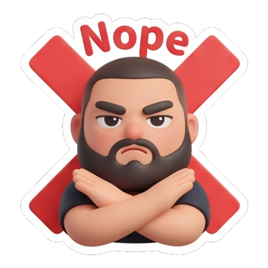 Bearded man crossing arms in a firm Nope gesture. Bearded Buddy Expressions sticker for expressive chats and social replies.