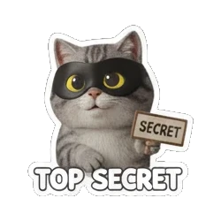 Gray tabby cat wearing a black mask with TOP SECRET text Cheerful Gray Tabby Cat sticker for expressive chats and social replies.