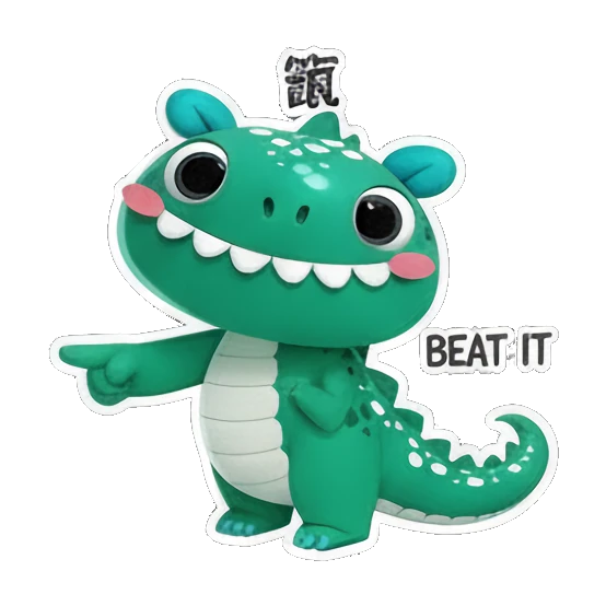 Dino pointing aggressively with 哼 and BEAT IT text Cheerful Green Dino Adventures sticker for expressive chats and social replies.