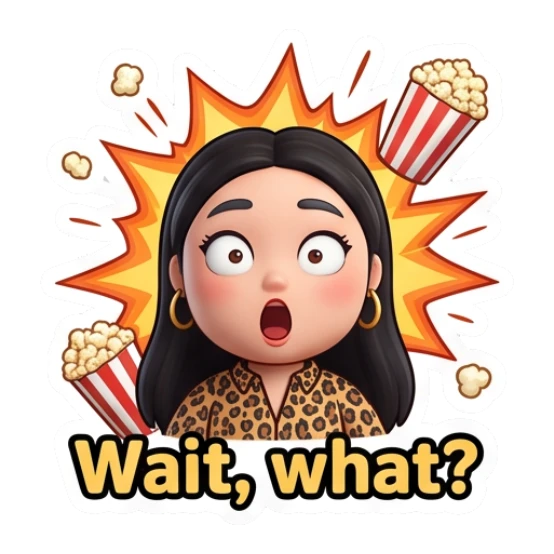 Girl with surprised expression, popcorn explosion background, text Wait what Cinema Diva Daily Life sticker for expressive chats and social replies.
