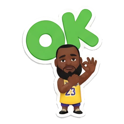 詹姆斯比出OK手势，表情自信，上方有绿色OK文字 King James Court Vibes sticker for expressive chats and social replies.