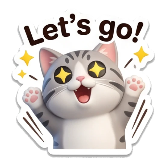 Excited grey cat with star eyes and text Let's go Cute Grey Tabby Daily sticker for expressive chats and social replies.