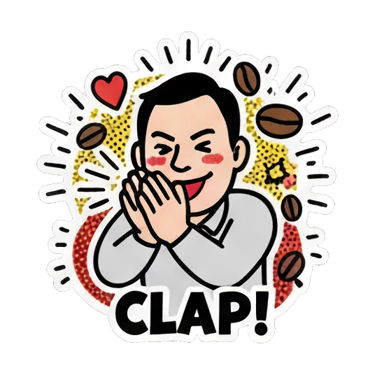Man clapping hands, appreciative, text CLAP! Cheerful Office Guy sticker for expressive chats and social replies.