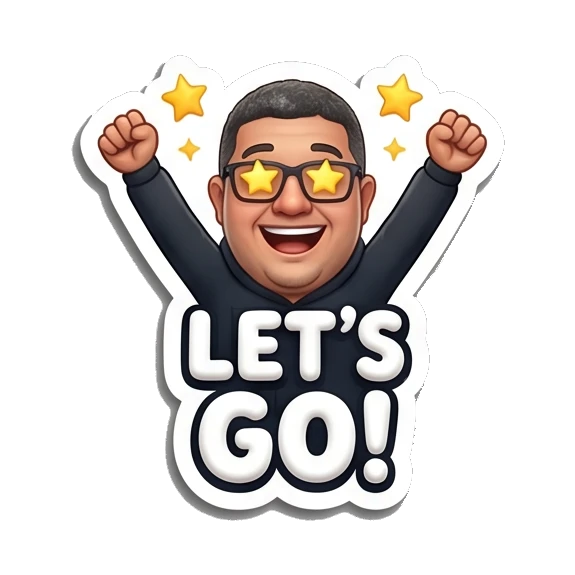 Man with glasses celebrating with star glasses and text LET'S GO! Tech Guy Daily Vibes sticker for expressive chats and social replies.