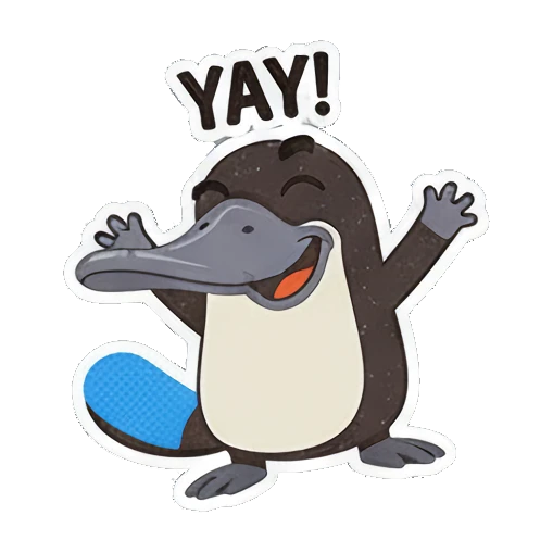 Platypus waving happily with YAY text Playful Platypus Pals sticker for expressive chats and social replies.