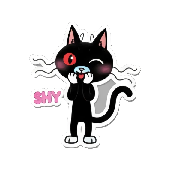 Black cat feeling shy with hands on face and SHY text Playful Black Cat Daily Life sticker for expressive chats and social replies.