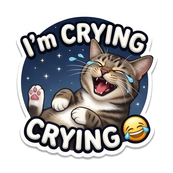 Tabby cat laughing and crying with joy, text says IM CRYING. Cosmic Tabby Adventures sticker for expressive chats and social replies.