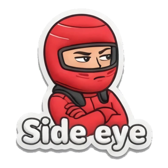 Racer giving a skeptical side-eye look Red Racer Mascot sticker for expressive chats and social replies.