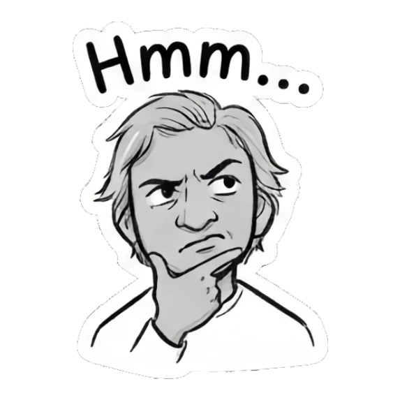 Character resting chin on hand in deep thought saying Hmm... Daily Doodle Life sticker for expressive chats and social replies.