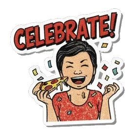 Mother character eating pizza slice saying CELEBRATE Retro Comic Mom Expressions sticker for expressive chats and social replies.