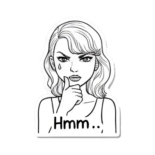 Girl looking thoughtful with a question mark Expressive Line Art Girl sticker for expressive chats and social replies.