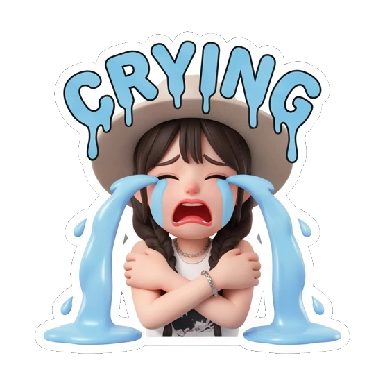 Girl in hat crying with blue liquid tears and text CRYING Chic Hat Girl Expressions sticker for expressive chats and social replies.