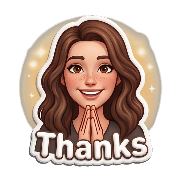Grateful girl with hands pressed together saying Thanks. Playful Brunette Expressions sticker for expressive chats and social replies.