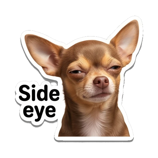 Chihuahua giving a skeptical side-eye look, text Side eye Chihuahua Moods sticker for expressive chats and social replies.
