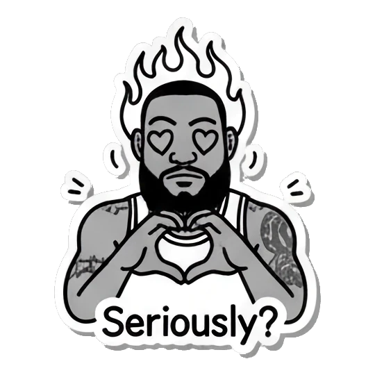 Basketball player making a heart shape with hands, text Seriously? King James Pop Art Vibes sticker for expressive chats and social replies.