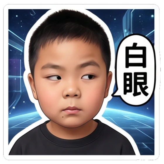 Boy giving a side-eye look, labeled '白眼'. Little Astronaut Daily sticker for expressive chats and social replies.