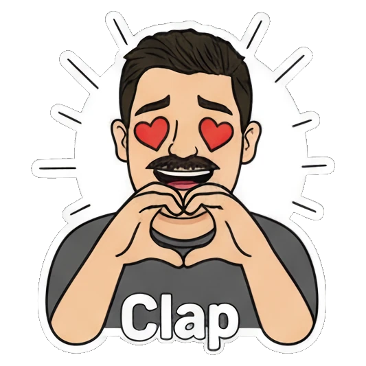 Mustache man making a heart shape with hands with Clap text Mustache Man Daily Vibes sticker for expressive chats and social replies.