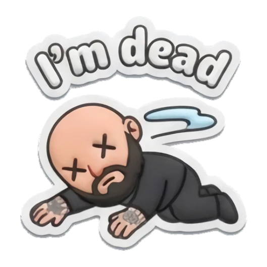 Bearded man lying on floor with X eyes, text I'm dead Bearded Buddy Daily Vibes sticker for expressive chats and social replies.