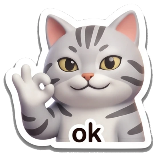 Gray tabby cat making an OK gesture with text 'ok' Cheerful Gray Tabby Cat sticker for expressive chats and social replies.