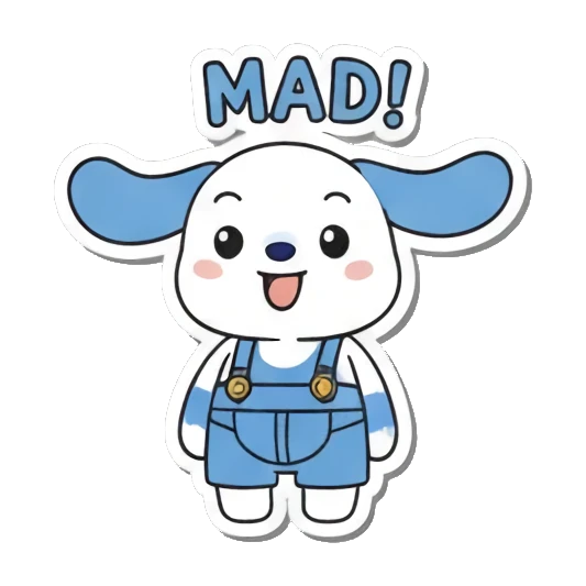Puppy smiling with MAD! Little Scientist Puppy sticker for expressive chats and social replies.