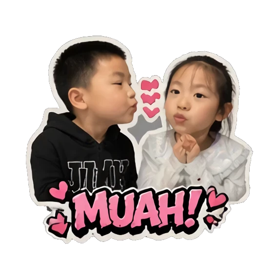 Boy kissing girl on cheek with MUAH text Hip-hop Kids Duo sticker for expressive chats and social replies.