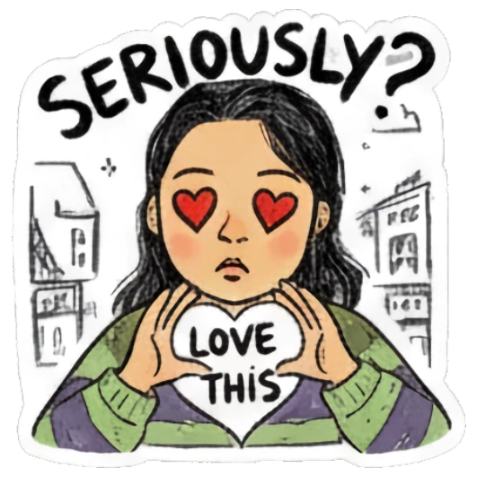 Girl with heart eyes holding love this sign Sketchy Girl Daily Vibes sticker for expressive chats and social replies.