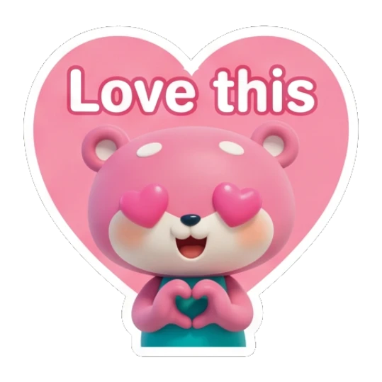 Pink bear with heart eyes and heart shape with text Love this Pinky Bear Daily Vibes sticker for expressive chats and social replies.