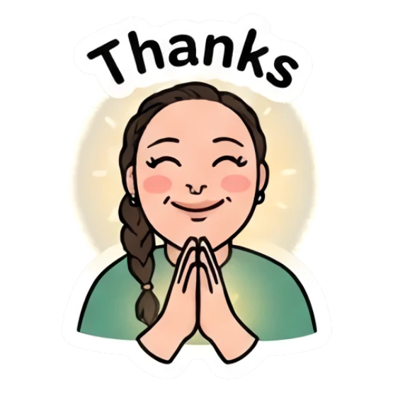 Girl with hands together in prayer, grateful expression, text Thanks. Daily Vibe Girl sticker for expressive chats and social replies.