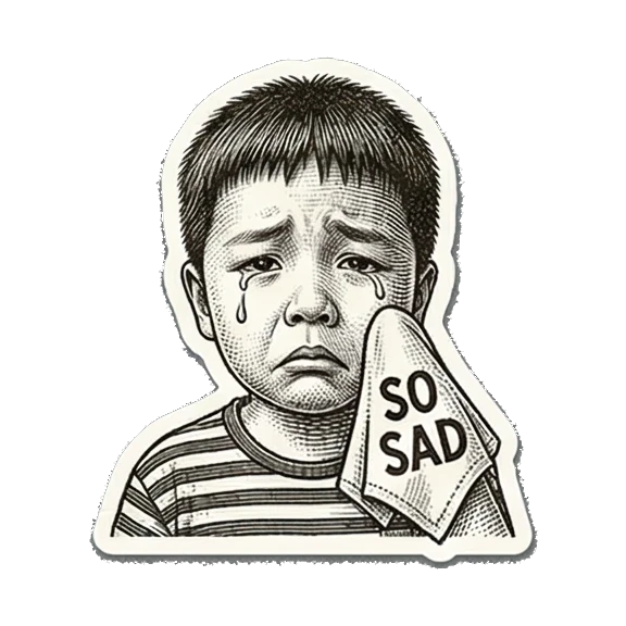 Sad boy crying with SO SAD. Little Boy's Engraved Emotions sticker for expressive chats and social replies.