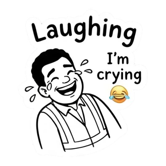 Man laughing hysterically with tears and text I'm crying Working Guy Daily Vibes sticker for expressive chats and social replies.