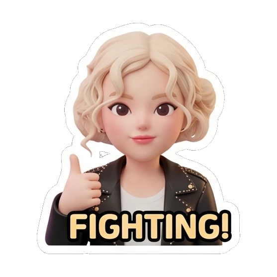 金发女孩握拳加油，表情坚定，文字FIGHTING! Blonde Rocker Girl Daily sticker for expressive chats and social replies.