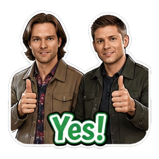 Two men giving thumbs up in approval, text 'Yes!' Supernatural Duo Vibes sticker for expressive chats and social replies.